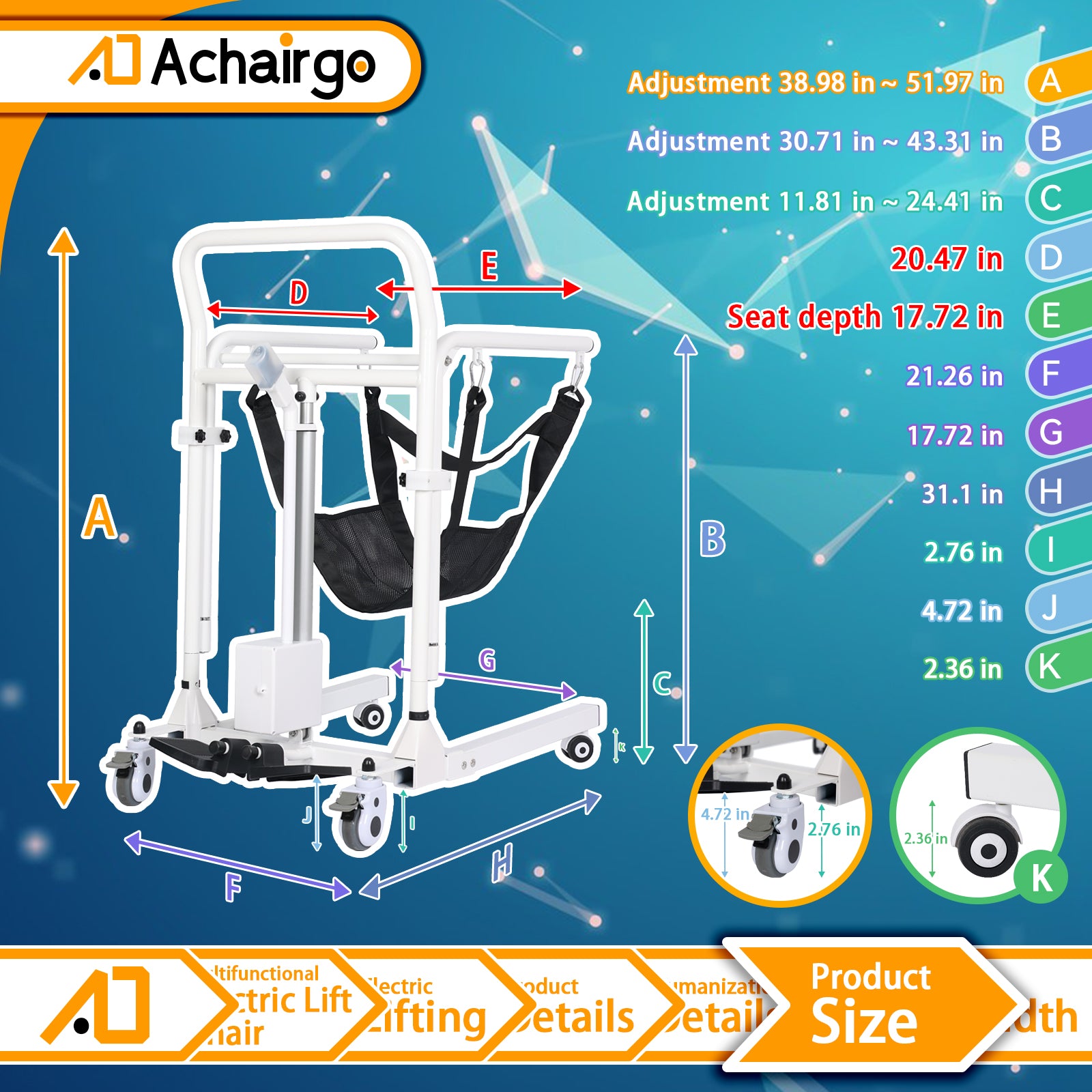 Electric Patient Lift, Portable Transfer Chair with High-Capacity Rechargeable Battey, 330 Weight Capacity, Commode Sling - Achairgo